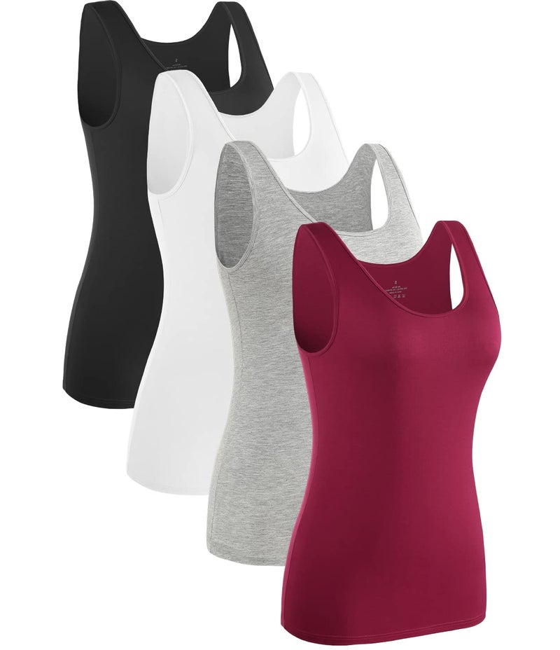Rosyline 4 Piece Women Tank Tops Basic Sleeveless Undershirt Layering Tanks Black/White/Grey/Wine Red M - Image 1